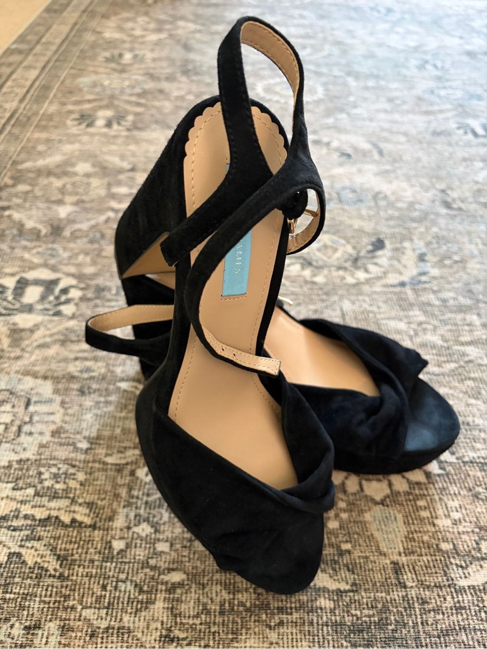 Draper James Black Suede Knot-Front Ankle-Strap Platform Heels